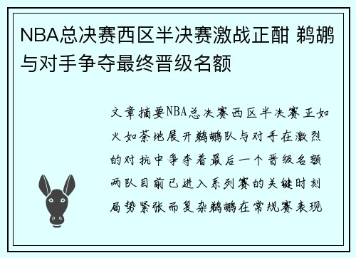 NBA总决赛西区半决赛激战正酣 鹈鹕与对手争夺最终晋级名额