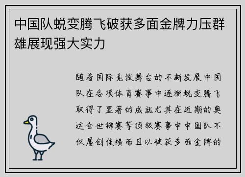 中国队蜕变腾飞破获多面金牌力压群雄展现强大实力